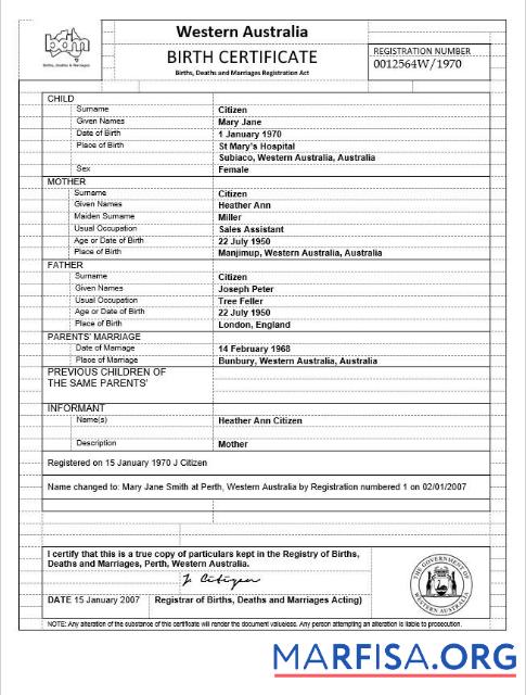Downloadable Australia Western Australia birth certificate template in Word format, version 3